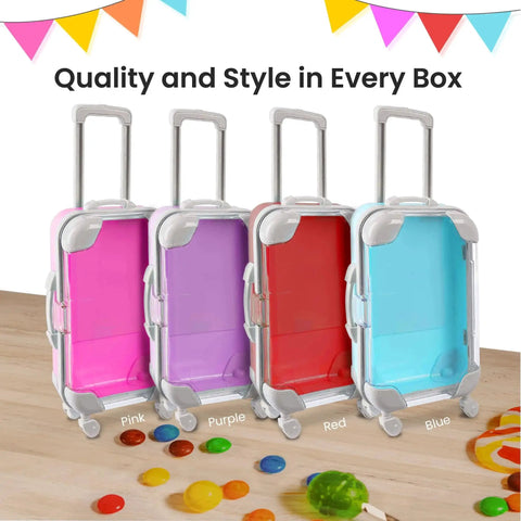 Pink, purple, red, and blue Cool Mini Suitcase Party Favor Boxes with Wheels for Gifts and Treats, realistic travel-themed look.