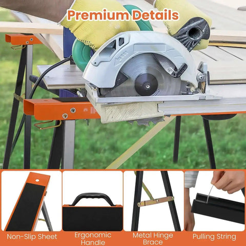 Circular saw on Beefy Saw Horses 2 Pack Portable Galvanized Metal Work Stand used for woodworking projects with details shown