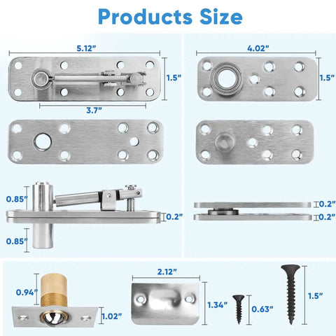 Dimensions and components of 2 Piece Stainless Steel Hidden Door Hinge Pivot 570 Lbs Heavy Duty Invisible Door Hardware set