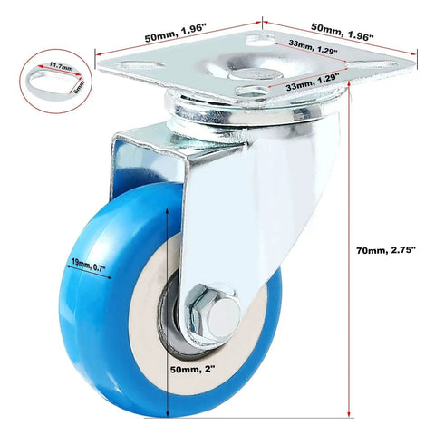 12 Pack Swivel Plate Caster Wheels With 50mm Plate Blue Polyurethane Wheels 360 Degree Swivel No Brake Smooth Silent Roll