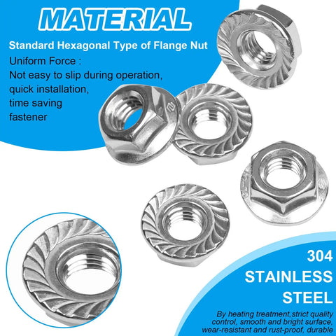Stainless Steel 304 Serrated Flange Hex Nuts Kit M6 X 1mm Full Thread 50 Pcs Beefed Up Locknuts displayed with material details