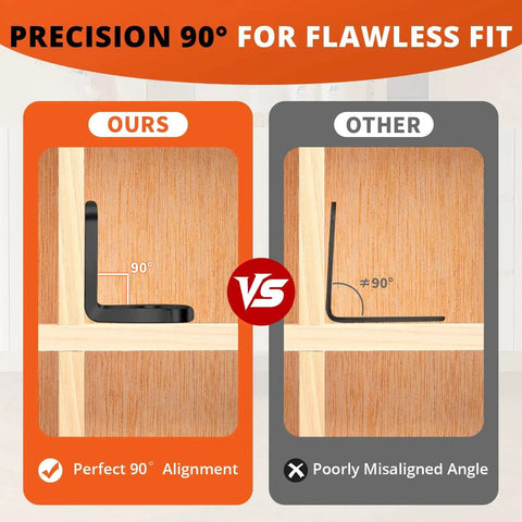 Comparison of 90 degree black L-bracket from All In One Value Kit With 40 Black L Brackets And 80 Screws Stainless Steel 90 Degree Right Angle Corner Braces For Shelves Cabinets And Furniture Easy DIY Install No Trips To The Hardware Store with poorly aligned bracket