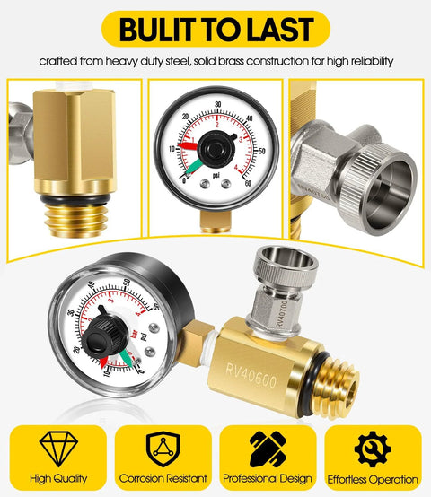 DearChan brass high-flow manual relief valve with pressure gauge for pool/spa filter, RV40600 with stainless fittings