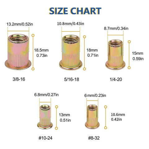 Size chart showing various threaded inserts from 3/8-16 Carbon Steel Rivet Nuts Assortment Kit Flat Head UNC Inserts 100 Pcs.