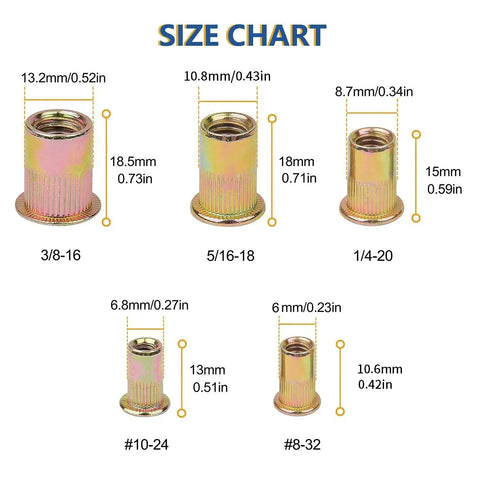 Size chart for Yellow 100Pcs 1/4-20 Rivet Nuts Set, Carbon Steel UNC Flat Head Threaded Nut Inserts for Metal, in various dimensions.