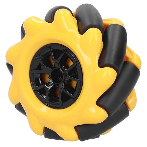 Close-up of a yellow 60mm Mecanum wheel for omni-directional movement on smart robot cars, featuring high-grip rubber coating and black hub.
