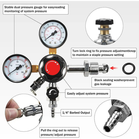 Dual Gauge Nitrogen Regulator For Draft Beer CGA-580 With Pressure Release Valve Red Gas Line And Free Worm Clamps, components diagram.