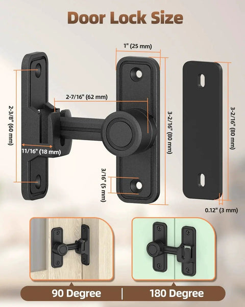 Heavy-Duty Zinc Alloy Barn Door Lock With 90/180 Degree Flip Privacy Latch, Extra Thick Construction dimensions shown