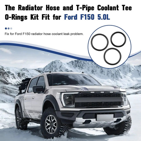 Radiator Hose O Ring Kit With T Pipe Coolant Tee For 5.0L V8 Vehicles 3 Pack with a Ford F-150 in snowy mountains.
