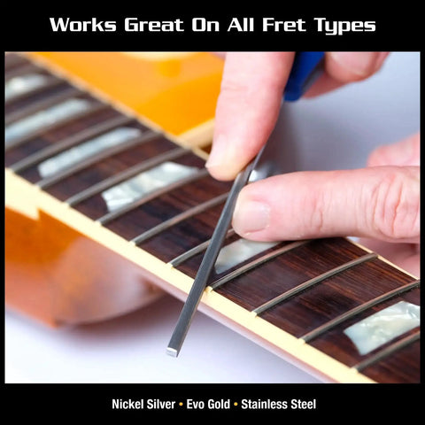 Diamond Coated Guitar Fret End Dressing E File being used on guitar fretboard for precision setup by MusicNomad