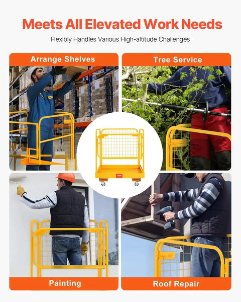 Forklift Safety Cage Work Platform 1200 Lb Load Capacity Collapsible With Wheels used for various tasks like painting and repairs