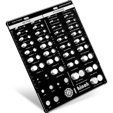 Bolt Size Finder And Thread Gauge Kit Kinok 42 Thread Checker with metric and standard sizes clearly displayed on a CNC-machined tool.