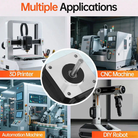 3 Pack Nema 17 Stepper Motors Kit For 3D Printer DIY CNC Robot shown in applications like 3D printing, CNC, automation, and robotics