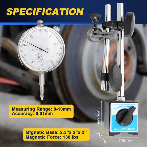 Beefy Magnetic Base Dial Indicator Holder With Fine Adjustment And 0 To 10mm Range 110 Lb Magnetic Capacity Universal Rotating Shaft Hardened Steel Build Durable Carry Box DASBET For Precision Work shown with specifications.
