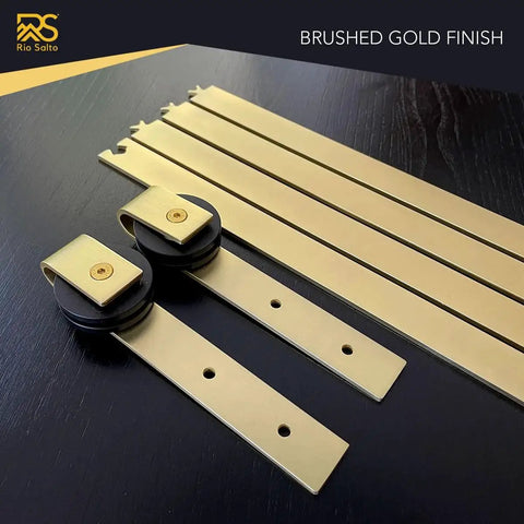 Gold 6Ft Barn Door Hardware Kit With 72 Inch Track for Cabinets TV Stands and Wardrobes, includes gold handle and mounting hardware, shown on black surface.
