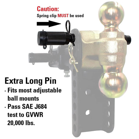 Keyed Alike Five Eighths Inch Trailer Hitch Lock With Extra Long Four And A Half Inch Span Double Safety Locking Pin for Three Inch Receivers and Adjustable Channel Mounts, side view showing pin and mount details.