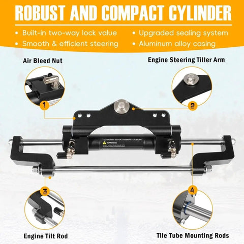 Beefed Up 200HP Hydraulic Outboard Steering Kit For Boats with electroplated wheel, helm pump, and cylinder close-up view