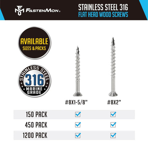Marine Grade 316 Stainless Steel Deck Screws For Outdoor Wood Projects shown in various sizes and pack options.