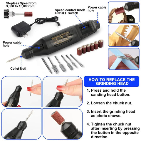 Electric polishing tool from 135 Piece 3D Printer Tools And Accessories Kit with parts, speed control, and setup instructions.