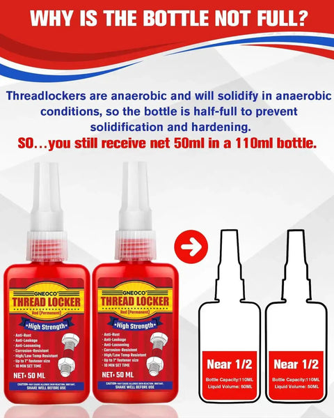 High Strength Red Thread Locker for Nuts and Bolts Permanent Bonding Two 50ml Bottles with usage explanation