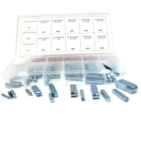 60 Pc Keystock Bar Assortment Kit SAE Square Key Stock And Keyway Set In Stainless Steel displayed with plastic case and labels.