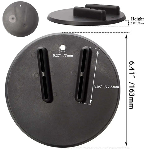Black Jiffy Stand Coaster Kickstand Pad for Harley motorcycles, shown with dimensions, prevents sinking on dirt grass asphalt.