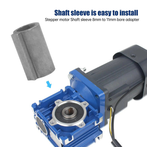 8mm To 11mm Shaft Sleeve Adapter For RV30 Worm Gear Reducer And RV030 Gearbox next to a blue motor housing, showing installation