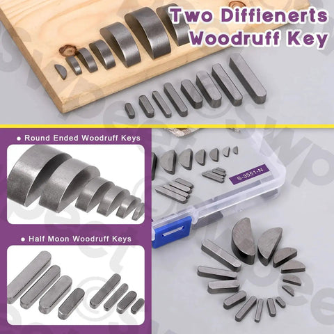Metric Woodruff Key Assortment Kit With 211 Pieces In 15 Sizes For Woodruff Semicircle Keys Half Moon Keys Keyways Shaft And Crank Keys Plus Parallel Drive Keys For Fasteners Mechanical Industry And Crankshaft Applications Swpeet displayed in various shapes and sizes on a board and in a transparent box.