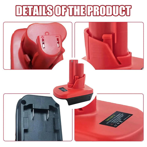 Close-up of red M18 to M12 battery adapter for Milwaukee 18V tools, showing connectors and adapter base details.