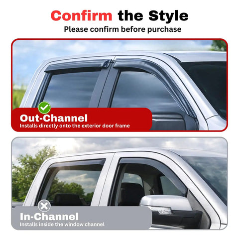 Graphic comparing Out Channel and In-Channel styles for RAM Trucks 2009 2018 RAM 1500 Crew Cab 4 Piece installation.