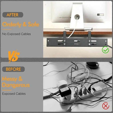 Comparison of under desk cable management tray with 17 to 30 inches retractable cord organizer vs messy exposed cables