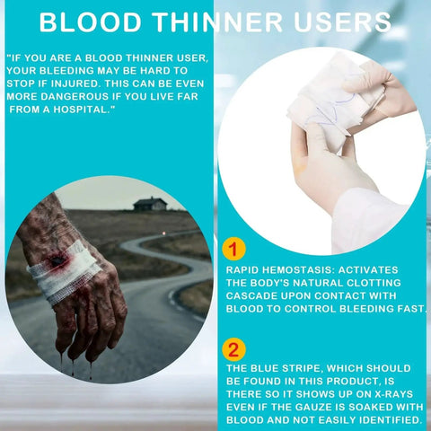 Blood thinner user information with hands using Advanced Stop The Bleed Gauze For Rapid Hemostatic Wound Packing In Medical Kits.