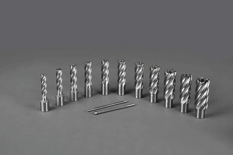 Heavy Duty 13 Piece Annular Cutter Set for Drill Press With Weldon Shank 3/4 Inch on display, showing 2 pilot pins.