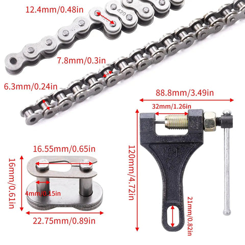 Heavy Duty 420 Motorcycle Chain 132 Links With Chain Breaker Kit, dimensions shown for chain and breaker tool.