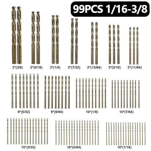 Heavy Duty Pro Grade Cobalt Drill Bit Set For Hardened Metal And Stainless Steel With 99 Pc M35 High Speed Steel Twist Jobber Bits One Sixteenth Inch To Three Eighths Inch In A Durable Plastic Index Case By Sinyeenglon displayed with various sized drill bits