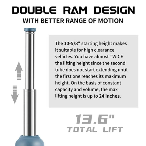 4 Ton Bottle Jack With Double Ram And Welded Construction For High Lift Range, showing double ram design and lifting height details.