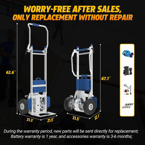 Electric stair-climbing hand truck with blue and silver metal frame and large wheels