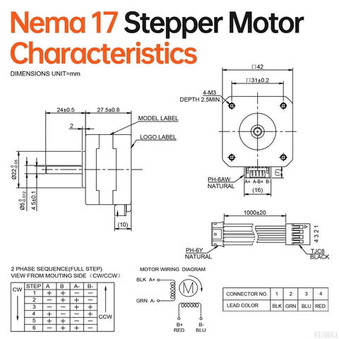 Technical diagram of Beefy 5 Pack Nema 17 Stepper Motors 2 Phase, showing dimensions and motor wiring details.