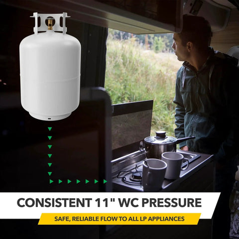 Uninterrupted RV Propane Regulator with Automatic Dual Tank Changeover ensures 11 inch water column pressure for consistent flow.