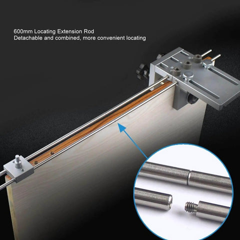 Close-up of pro-grade dowel jig kit with quick-release feature, showing adjustable 6mm, 8mm, 10mm drill sleeve options on a panel.
