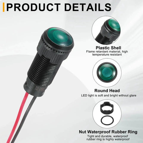 Product details of Green LED Indicator Light Pack Of Five 10mm Round Head 12V-24V AC/DC Waterproof IP67 Signal Lamp with plastic shell.