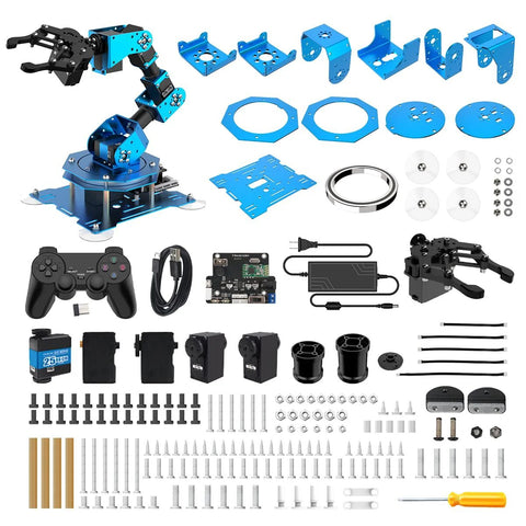 6DOF robotic arm kit for Arduino with blue metal frame, base, gripper, and wireless controller.