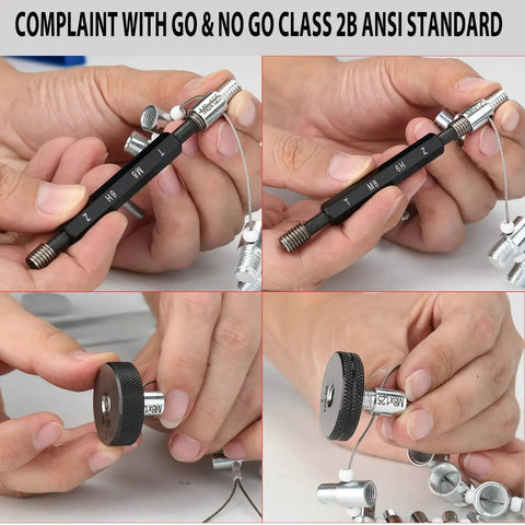 Nut And Bolt Thread Checker With 45 Gauges 24 Inch SAE And 21 Metric Quick Identify And Verify Thread Sizes For Nuts Bolts And Screws Handy Tool For Fast Measurement And Accurate Fit In Auto Shop And DIY shown in use.