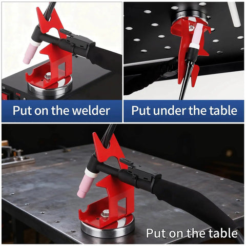 Magnetic TIG Welding Torch Holder With Strong Magnet Base For Welder Workbench Red, Durable Low Carbon Steel, shown in use on different surfaces.
