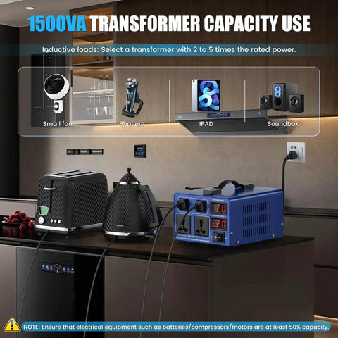 1500W Voltage Converter Transformer For Home Use Step Up And Step Down 110V 120V To 220V 240V And Back LCD Display on kitchen countertop