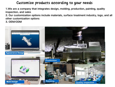Image showing computer screens with 3D design software, a CNC machine, and production stages for custom products.