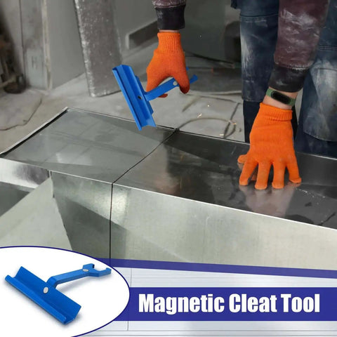 Worker using a 4 Inch Magnetic TDC TDF Clip Cleat Tool For PPC PPF Clips With Magnets HVAC Duct Stretcher on sheet metal.