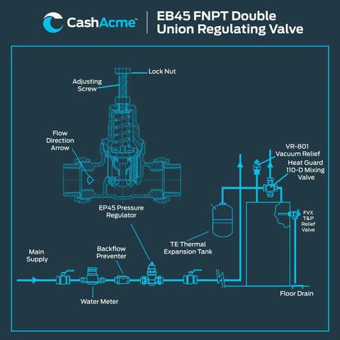 CashAcme EB45 FNPT double-union pressure regulating valve blueprint diagram, 1 in NPT female, metal top.