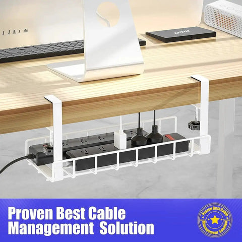 Tool Free No Drill No Screws Under Desk Cable Management Tray With Clamp installed on desk frame keeping wires organized