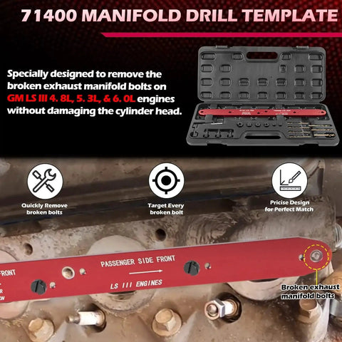 Manifold Drill Template for GM LS Engines 1999-2007 Removes Broken Exhaust Bolts shown with case and installation
